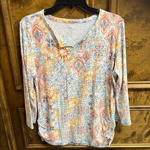Talbots Floral Tile V-Neck Long Sleeve Top - Coral, Blue & Yellow